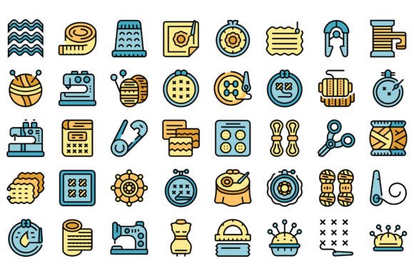 Embroidery Class Icons Set Vector Flat
