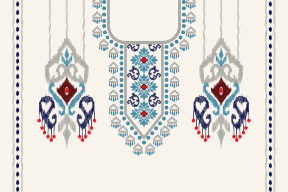 Floral Ikat Neckline Paisley Embroidery